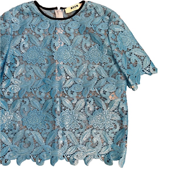 MSGM Milano Blue Lace Netted Short Sleeve Top Size 40 Small US - Picture 3 of 11